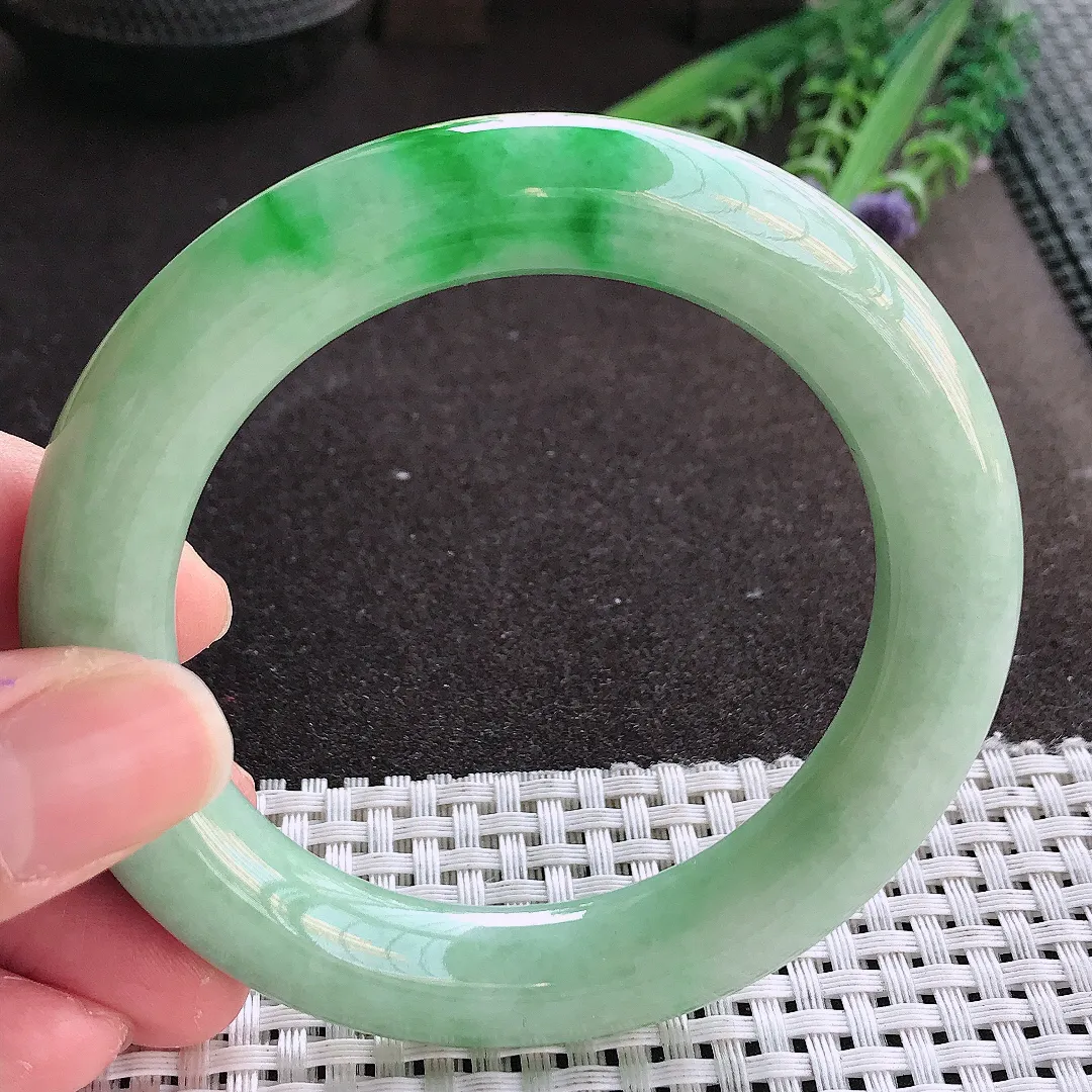 实拍翡翠A货56/11.3/11.5老坑精美温润满绿阳绿圆条手镯翡翠玉镯女款百搭