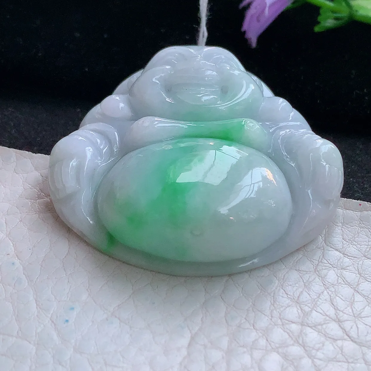 zen实拍41.2*46*12天然缅甸翡翠白底青飘绿大佛公吊坠 大肚弥勒佛像毛衣坠