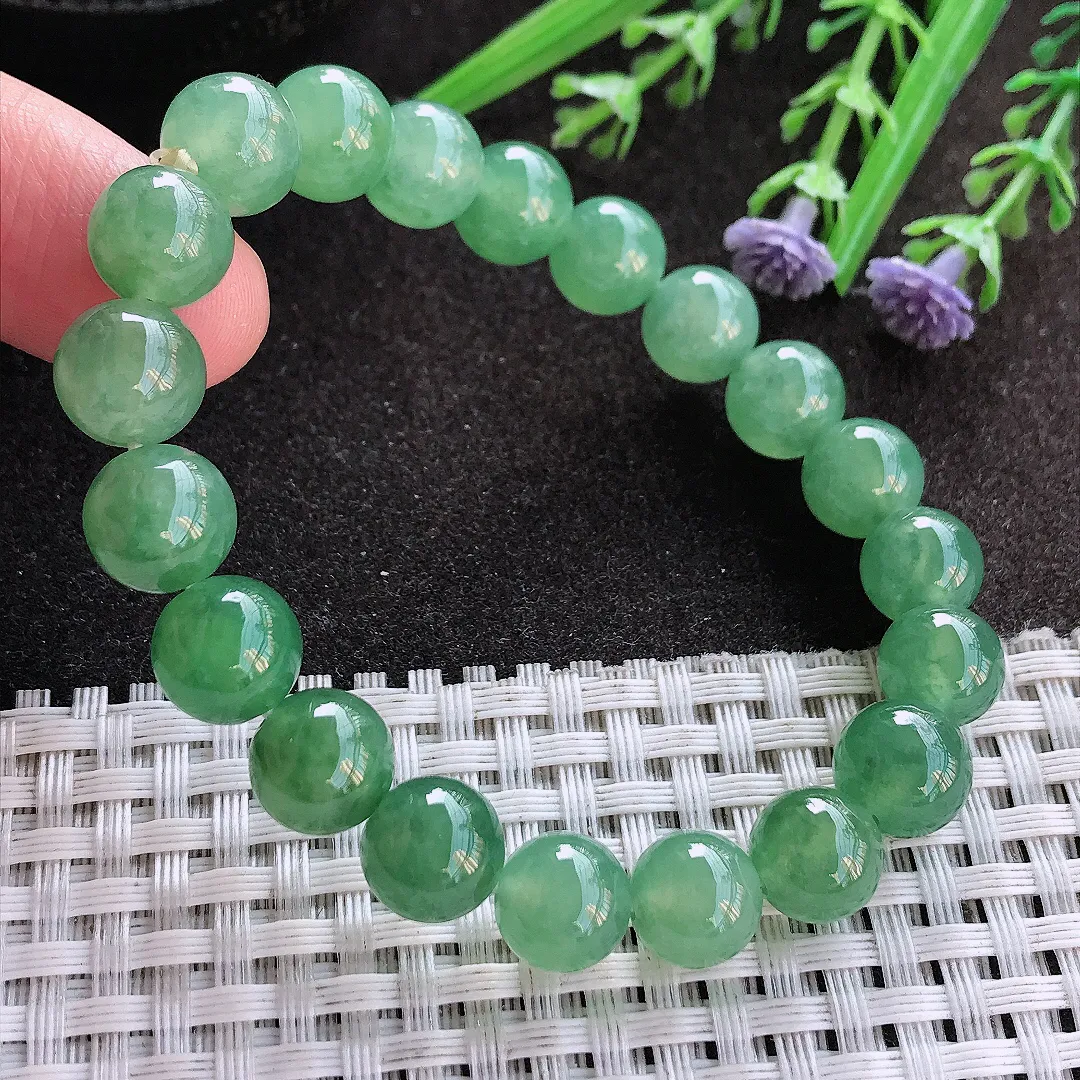 实拍A货翡翠9.6/20颗老坑冰胶果冻冰晴满甜绿手链玉珠项链手链女款