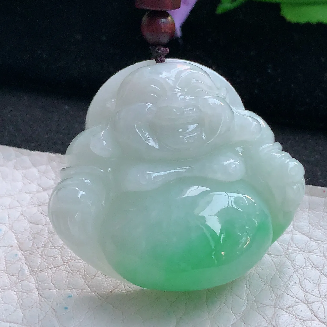 zen实拍40.5*44*13.8天然缅甸翡翠白底青飘绿佛公吊坠 大肚弥勒佛像