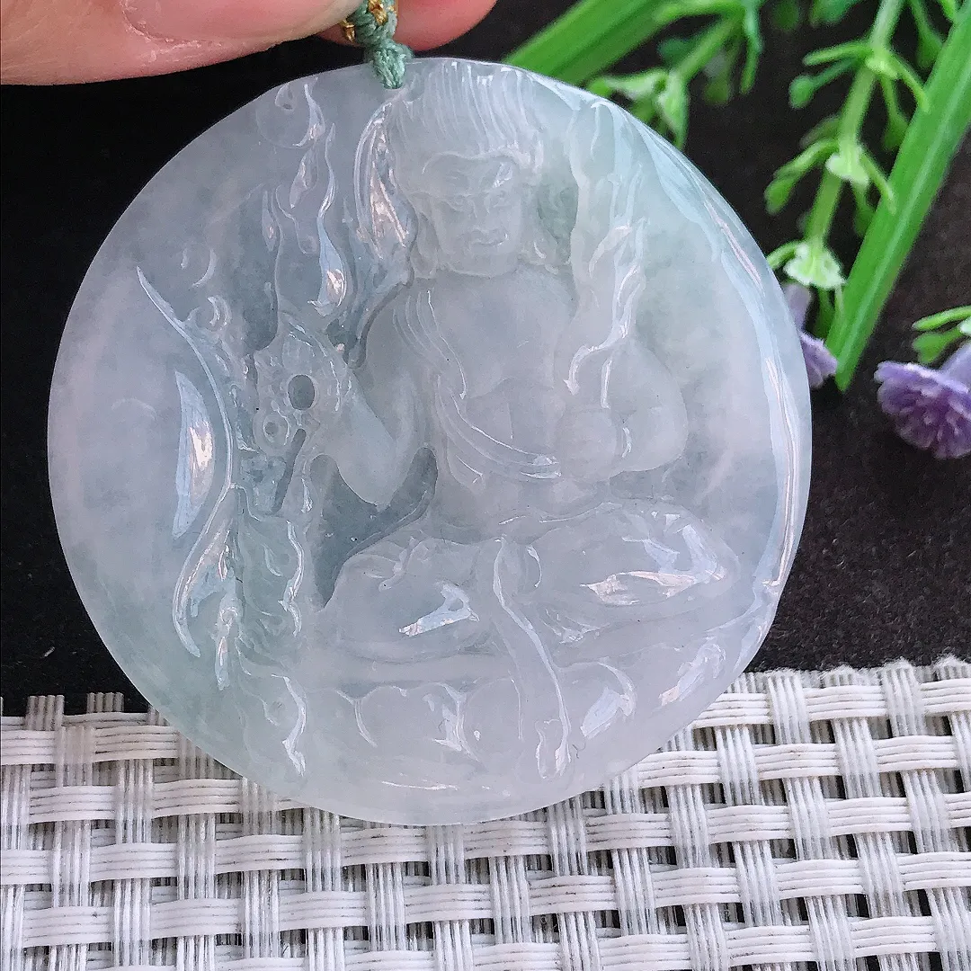 实拍A货翡翠50.9/5.2老坑冰透起胶白冰不动明王吊坠翡翠挂件