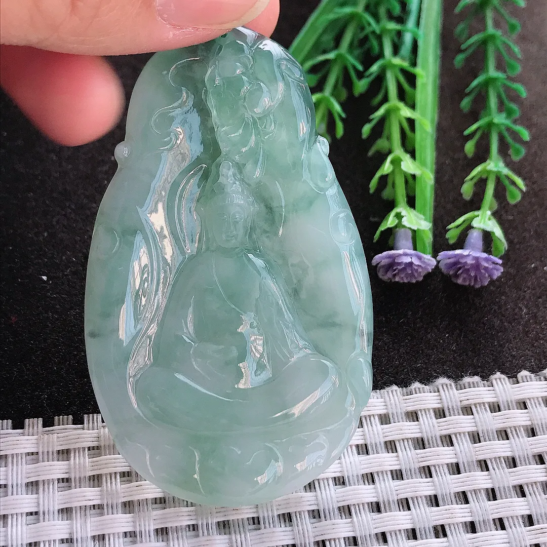 实拍A货翡翠64/39/5.5老坑冰胶果冻冰晴素衣观音吊坠翡翠玉观音挂件