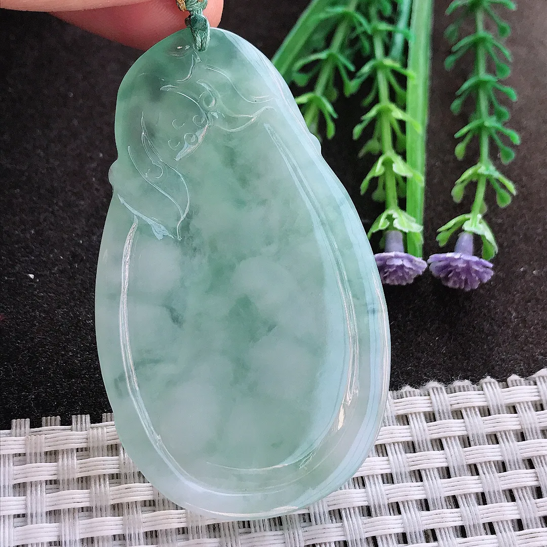 实拍A货翡翠64/39/5.5老坑冰胶果冻冰晴素衣观音吊坠翡翠玉观音挂件