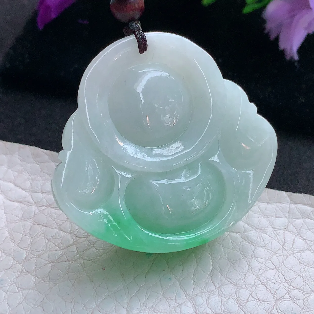 zen实拍40.5*44*13.8天然缅甸翡翠白底青飘绿佛公吊坠 大肚弥勒佛像