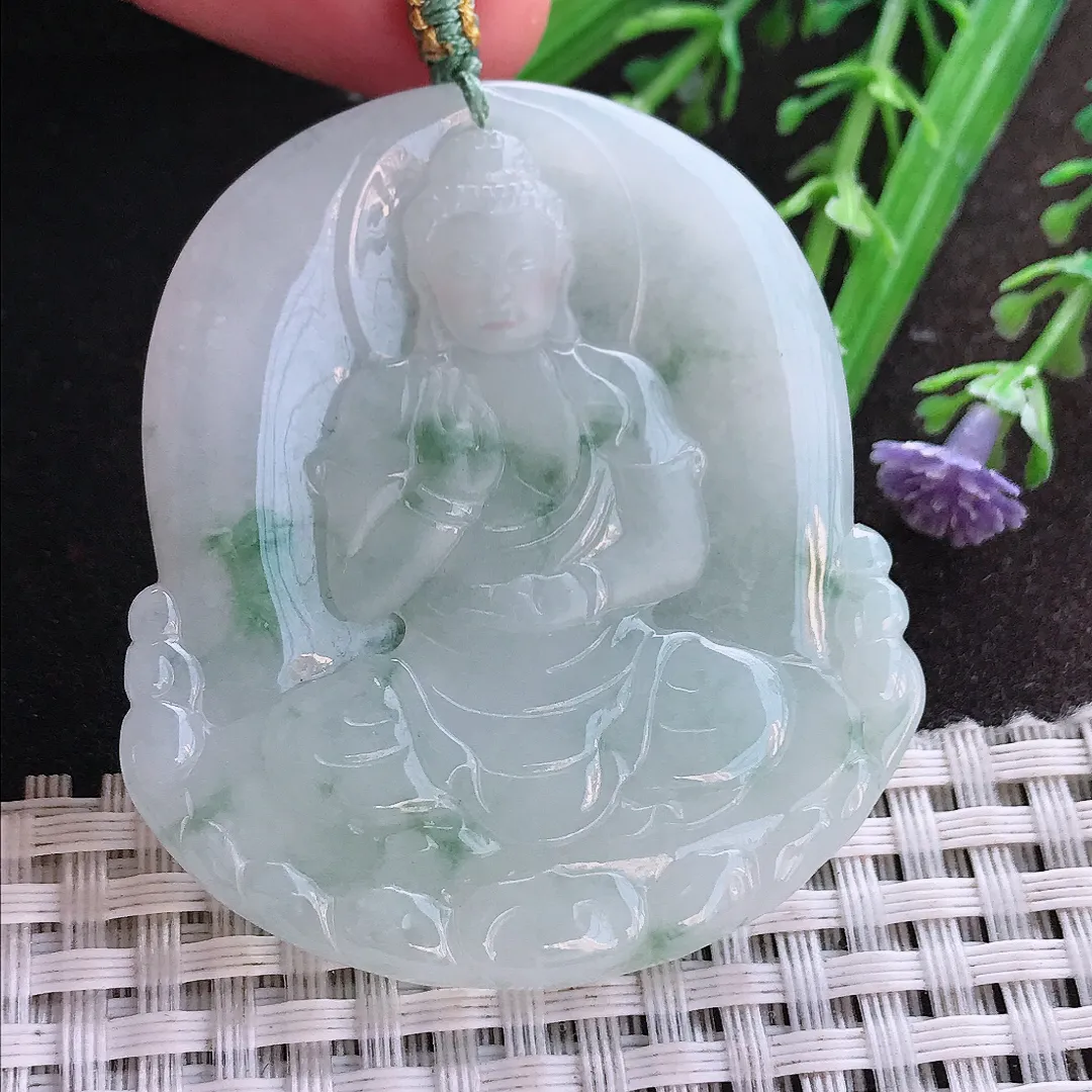 实拍A货翡翠51.6/46.3/5.8老坑冰润起胶飘花阿弥陀佛吊坠翡翠挂件