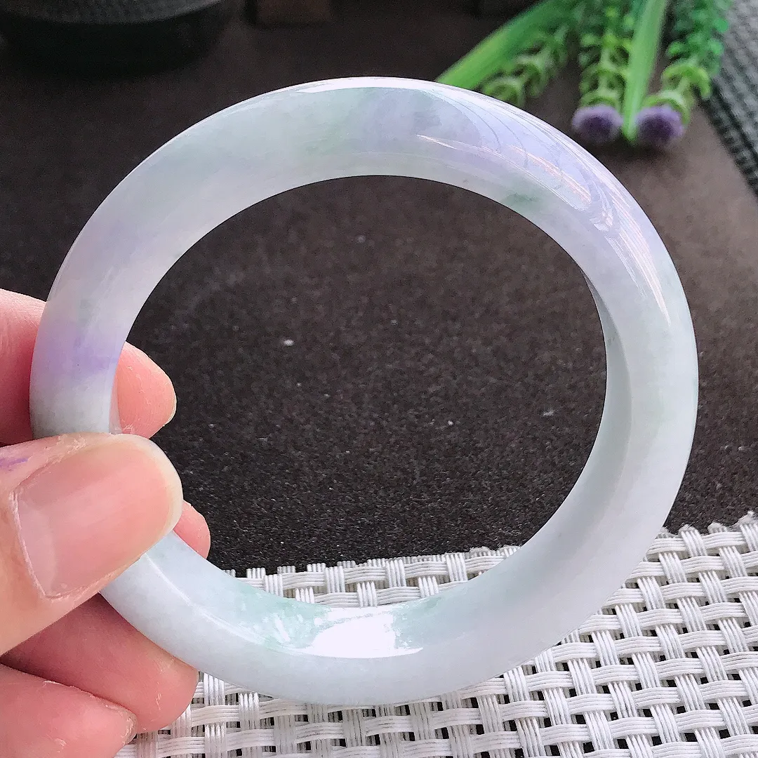 实拍翡翠A货57.5/12.5/9.2老坑精美冰润紫罗兰飘花手镯翡翠玉镯女款百搭