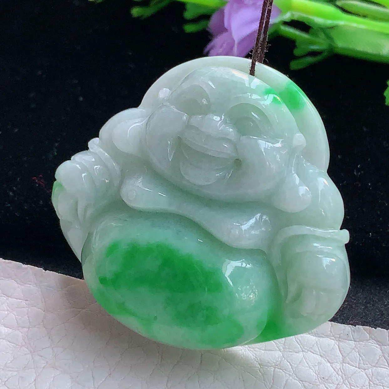 zen实拍41.2*46*12.5天然缅甸翡翠白底青飘阳绿佛公吊坠 大肚弥勒佛像