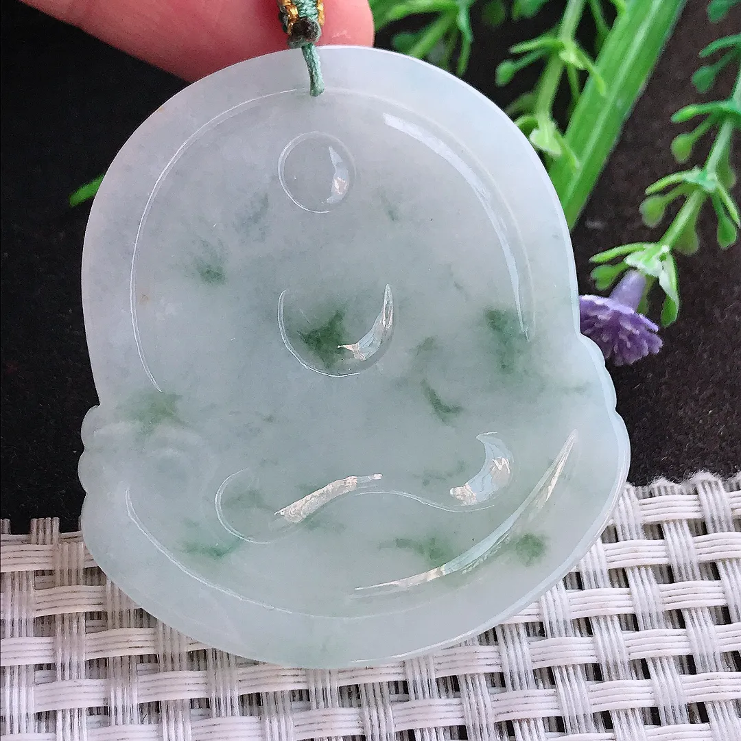 实拍A货翡翠51.6/46.3/5.8老坑冰润起胶飘花阿弥陀佛吊坠翡翠挂件