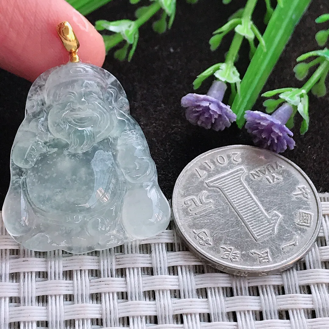 实拍A货翡翠31/26.8/4.5老坑18k金镶嵌雪花棉冰种财神爷吊坠翡翠挂件