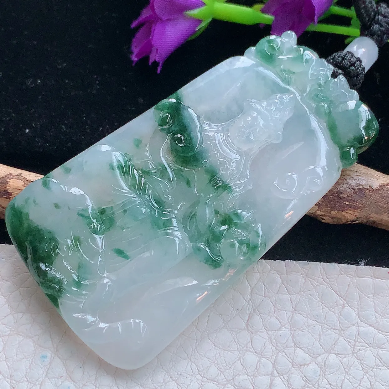 yl实拍63.5*36*5.2缅甸翡翠精雕冰飘花普贤观音菩萨吊坠 生肖守护神