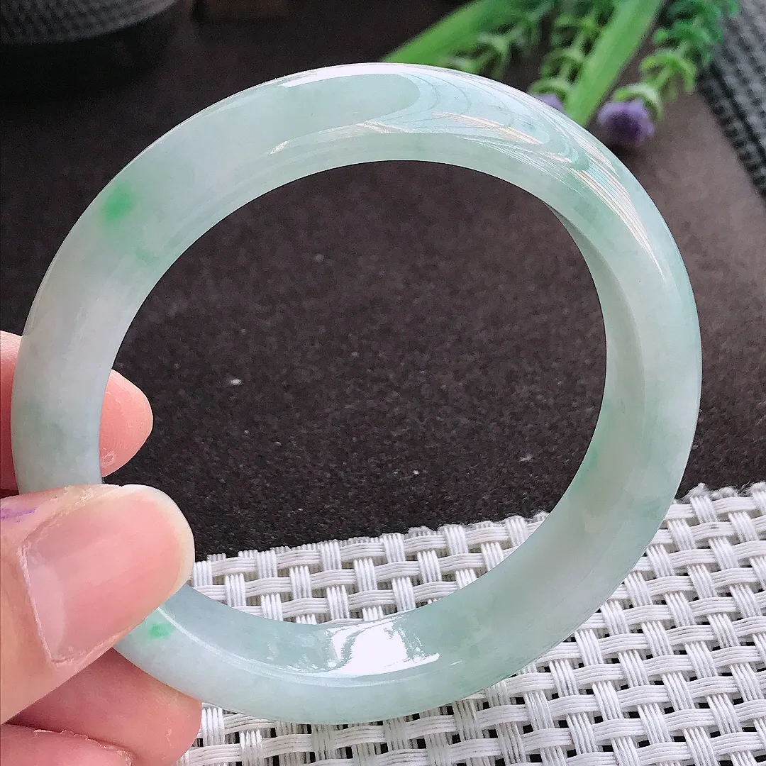 实拍翡翠A货58/12.7/8.5老坑冰润起胶飘绿手镯翡翠玉镯女款百搭