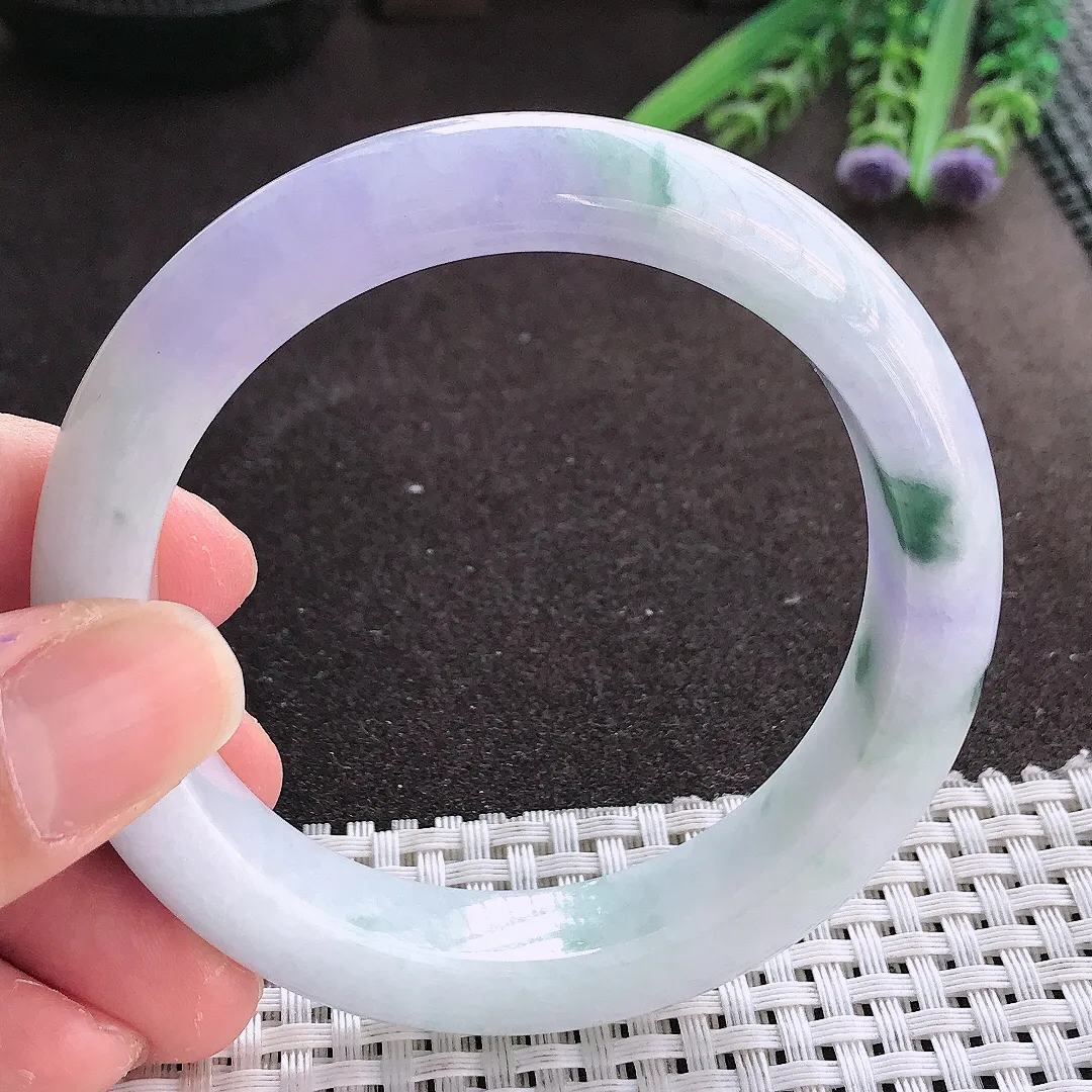 实拍翡翠A货57.5/12.5/9.2老坑精美冰润紫罗兰飘花手镯翡翠玉镯女款百搭