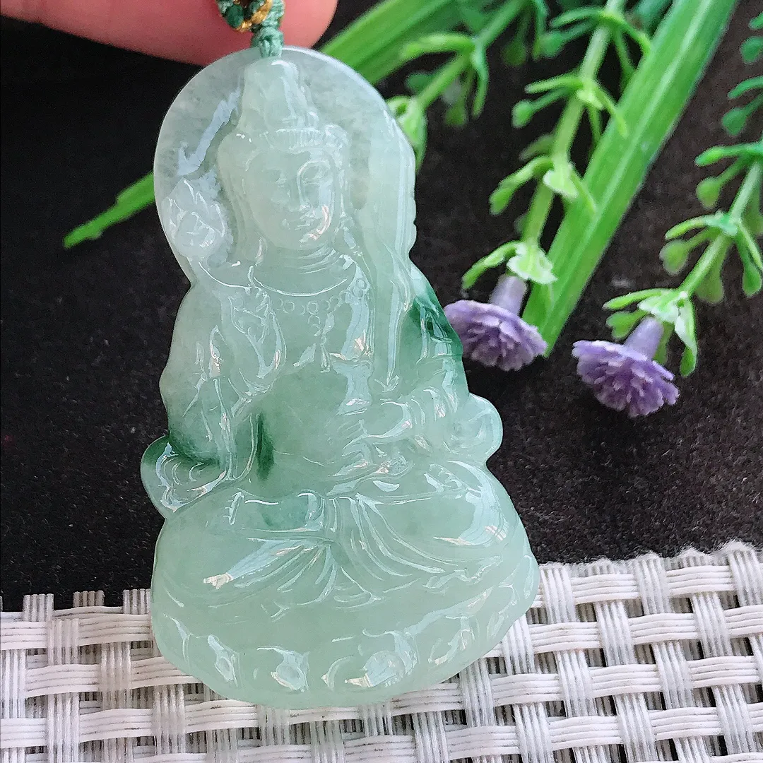 实拍A货翡翠53.8/31.3/5.6老坑冰胶水灵冰晴飘花虚空藏菩萨吊坠翡翠挂件