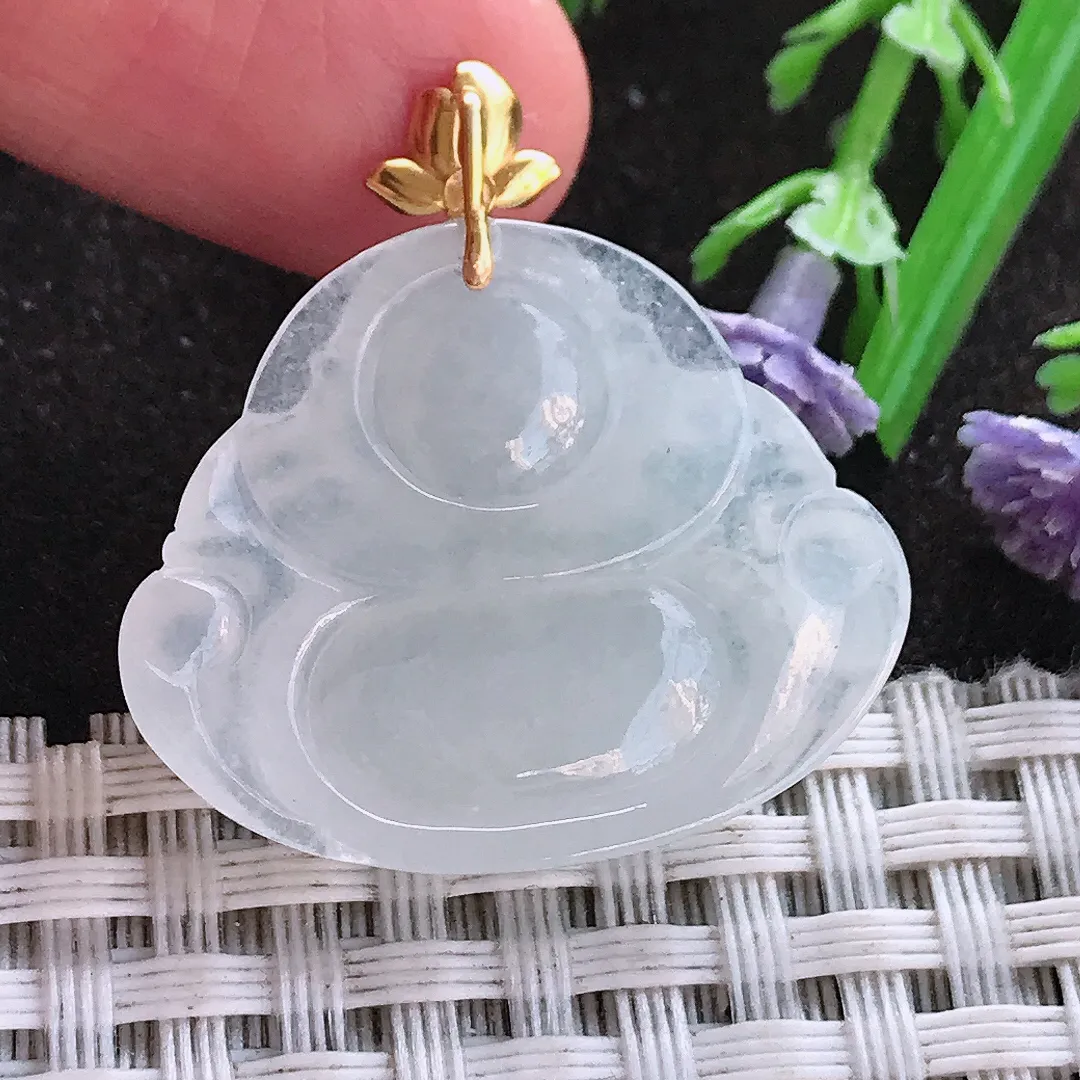 实拍A货翡翠21.5/25/5.9老坑18k金镶嵌冰种佛公吊坠翡翠玉佛