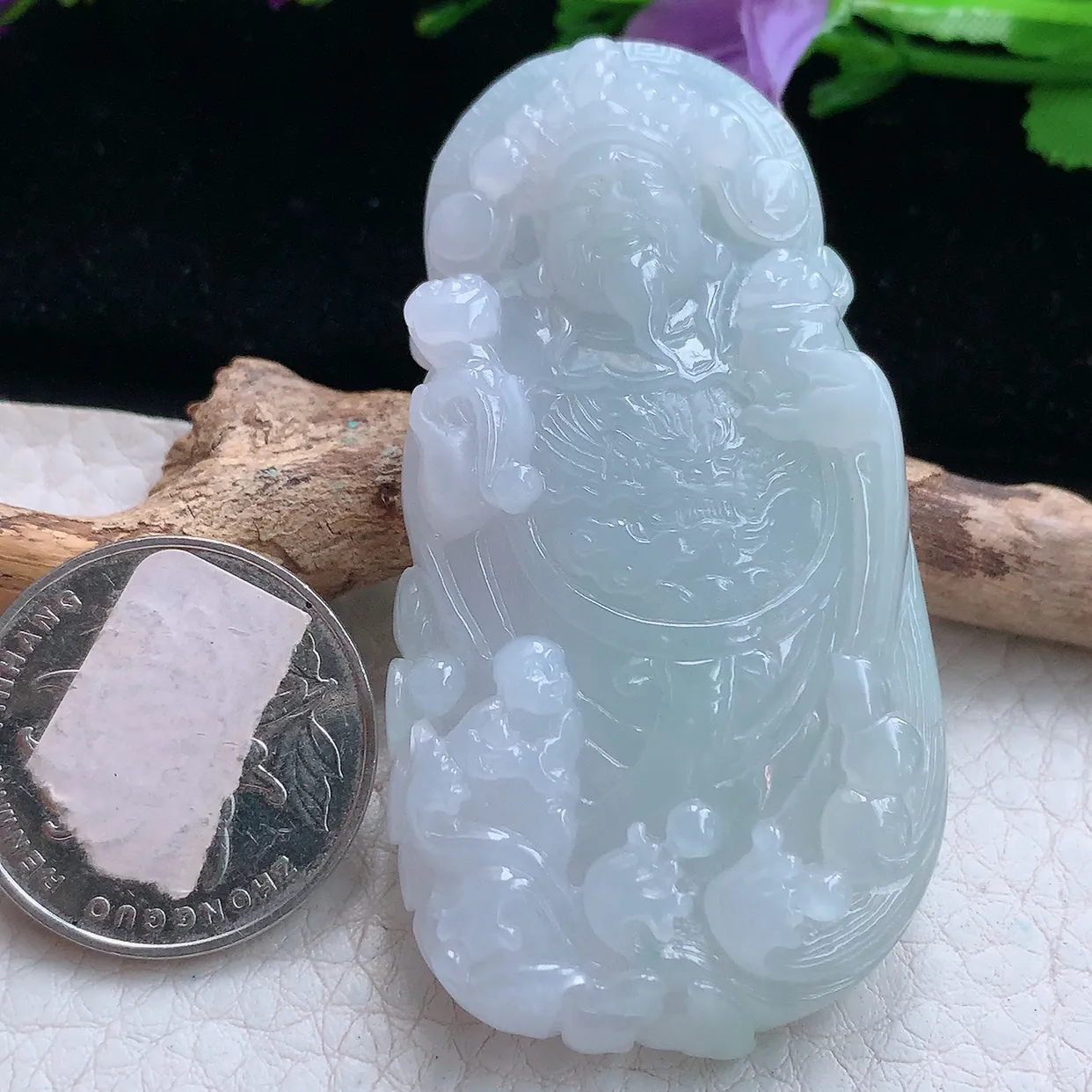 Ktj实拍63.2*33.5*9.2天然缅甸翡翠精雕财神爷吊坠 招财进宝