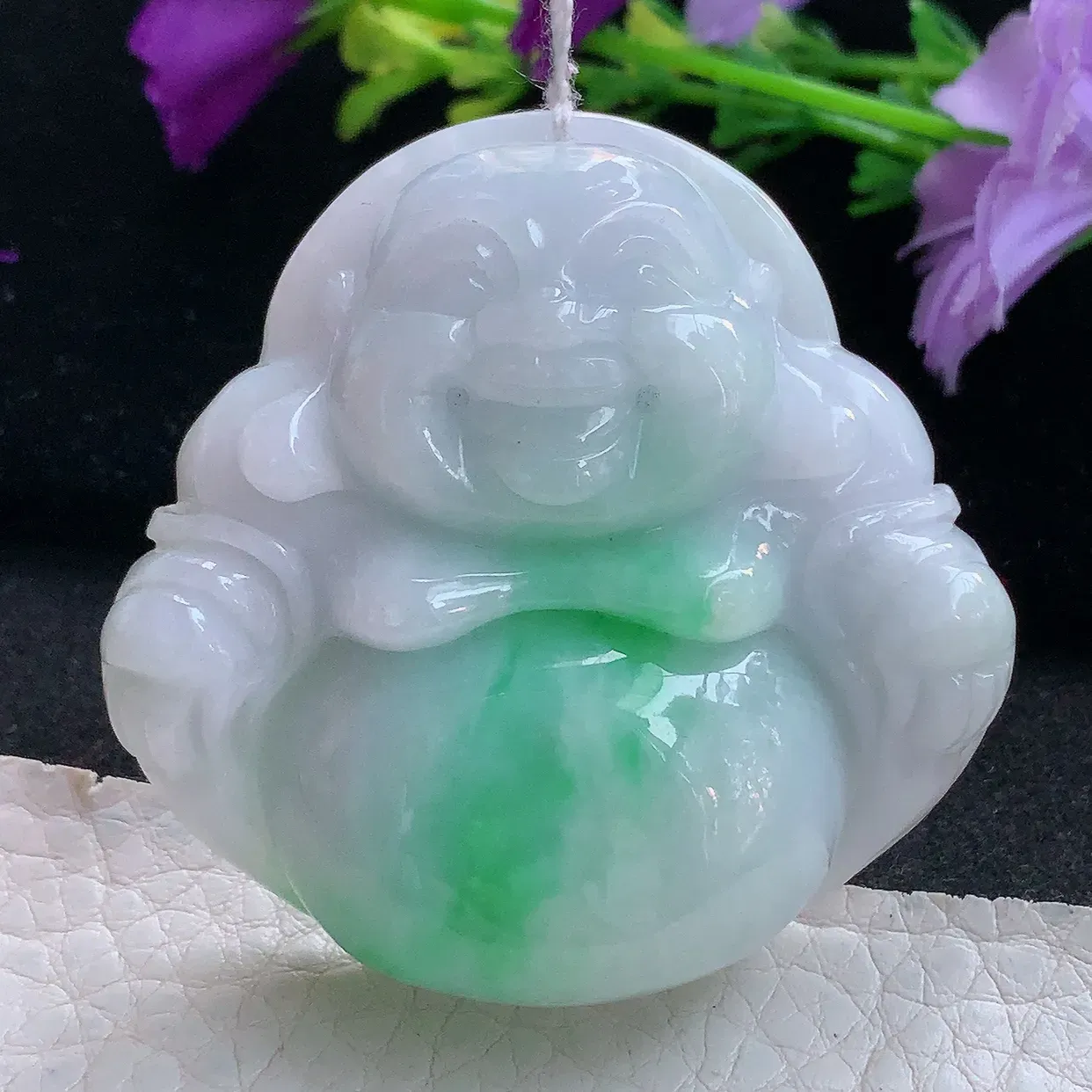 zen实拍41.2*46*12天然缅甸翡翠白底青飘绿大佛公吊坠 大肚弥勒佛像毛衣坠