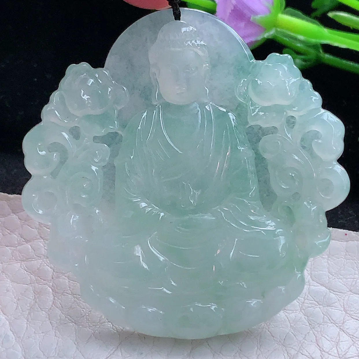 kh实拍51.6*51*6缅甸翡翠精雕花开见佛玉坠 坐莲观音菩萨