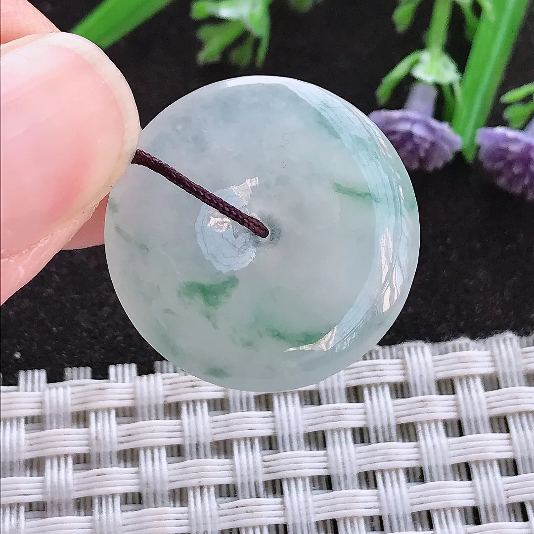 实拍A货翡翠24.7/4.1老坑冰胶水灵飘花小平安扣吊坠翡翠玉扣