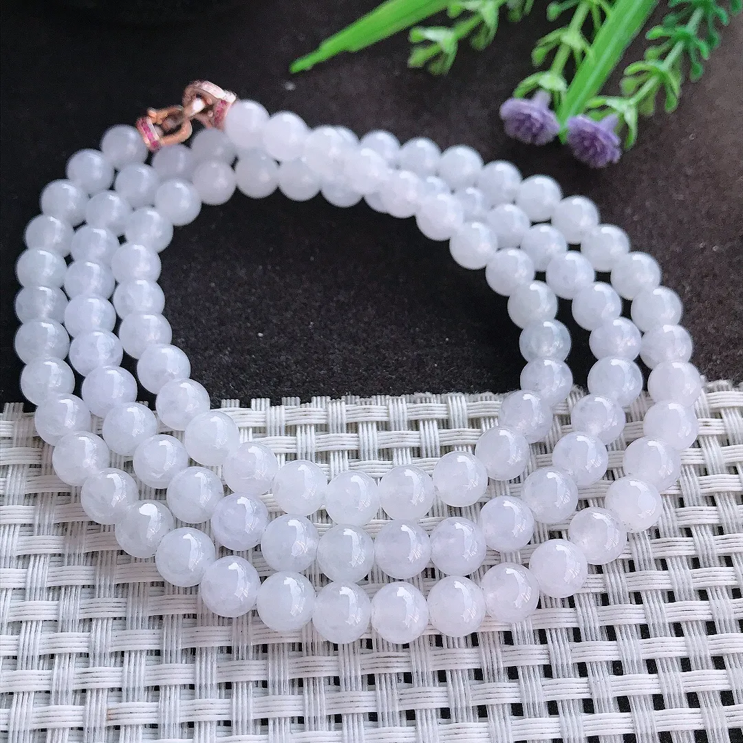 实拍A货翡翠7/98颗老坑秀气冰润月光白圆珠项链玉珠链女款