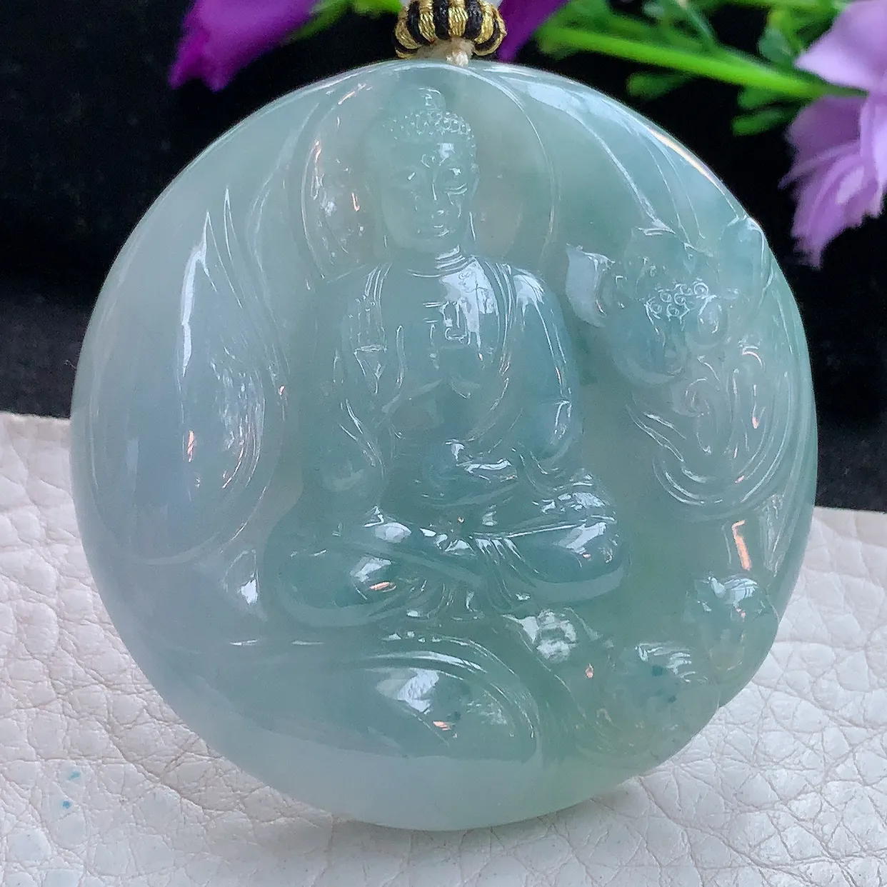 yl实拍52.6*9.3缅甸翡翠精雕蓝紫阿弥陀佛吊坠 如来佛祖生肖守护神，花开见佛