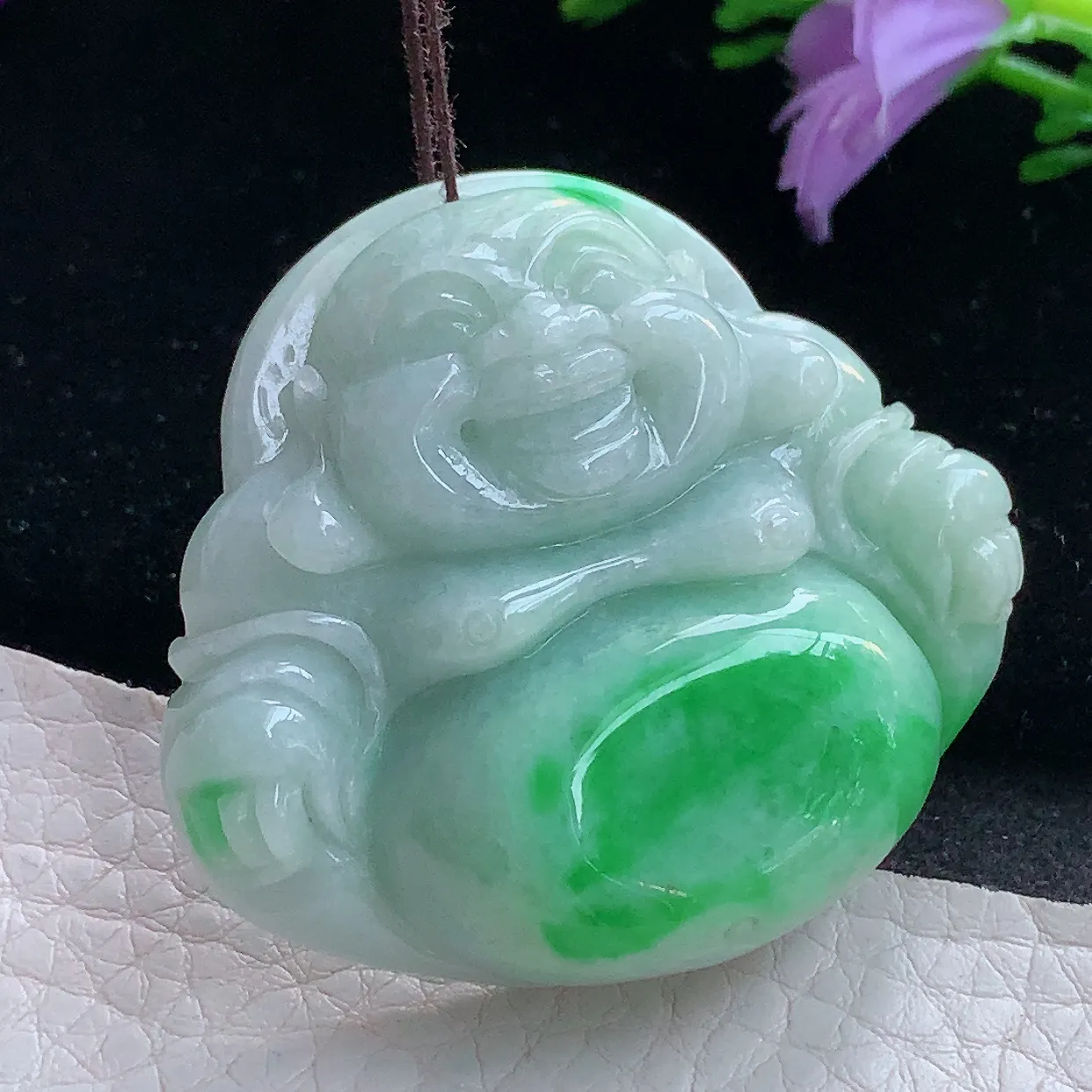 zen实拍41.2*46*12.5天然缅甸翡翠白底青飘阳绿佛公吊坠 大肚弥勒佛像