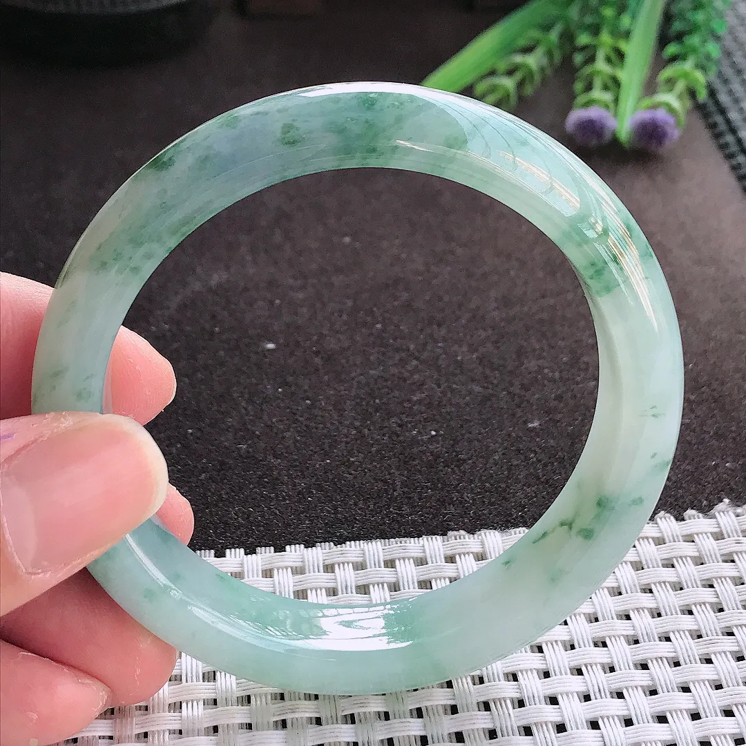 实拍翡翠A货57.5/12.8/8.2老坑冰润水灵飘花手镯翡翠玉镯女款百搭