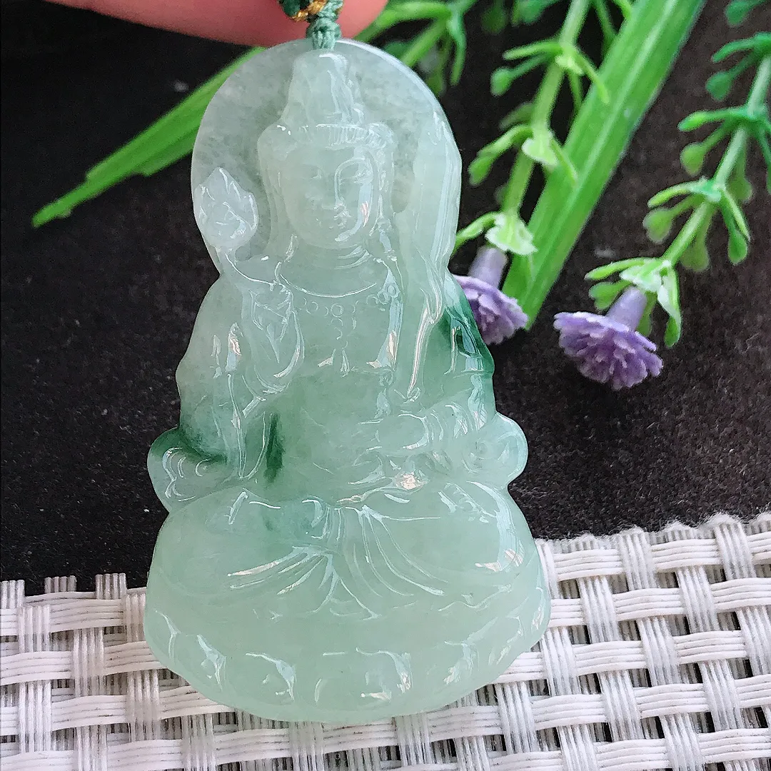 实拍A货翡翠53.8/31.3/5.6老坑冰胶水灵冰晴飘花虚空藏菩萨吊坠翡翠挂件
