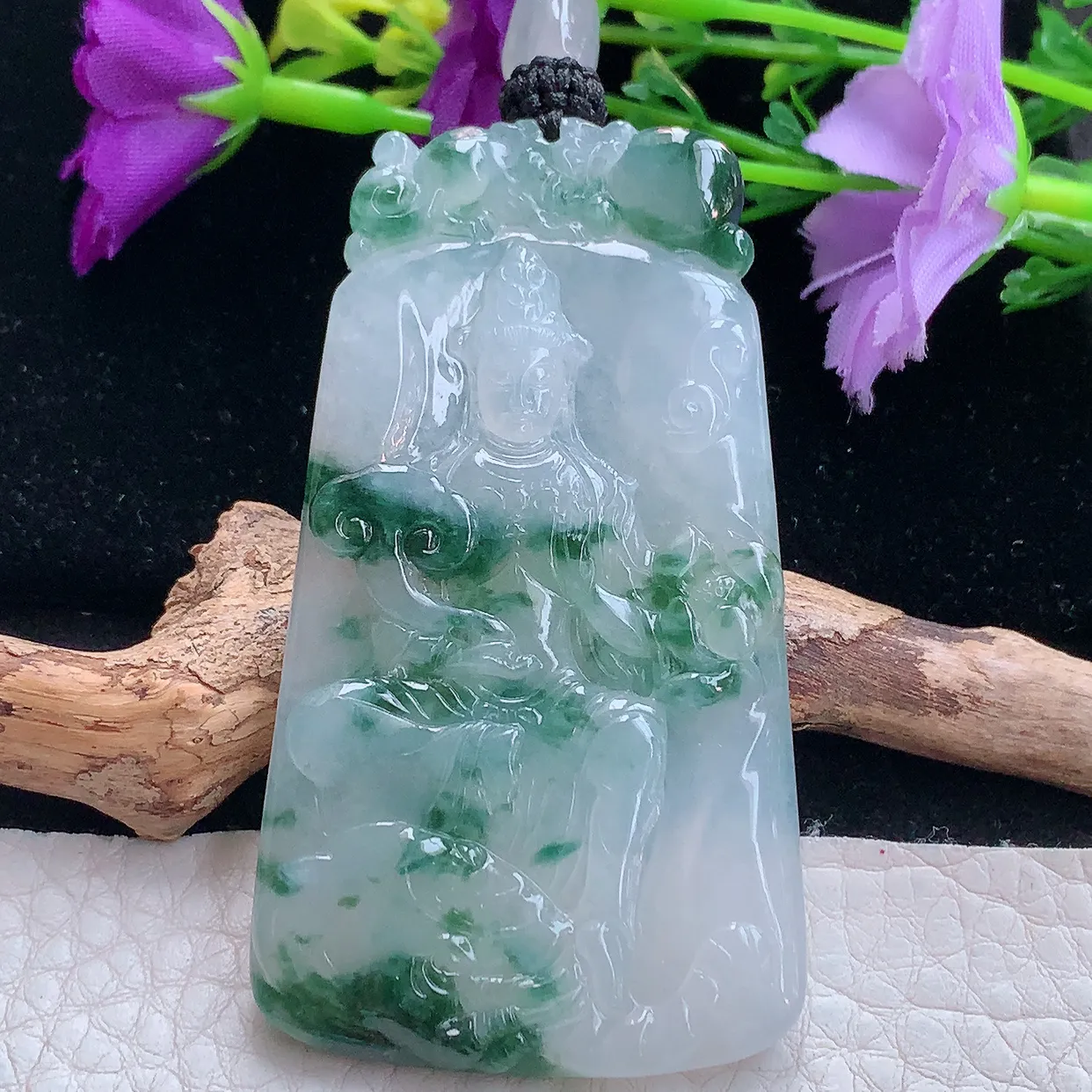 yl实拍63.5*36*5.2缅甸翡翠精雕冰飘花普贤观音菩萨吊坠 生肖守护神