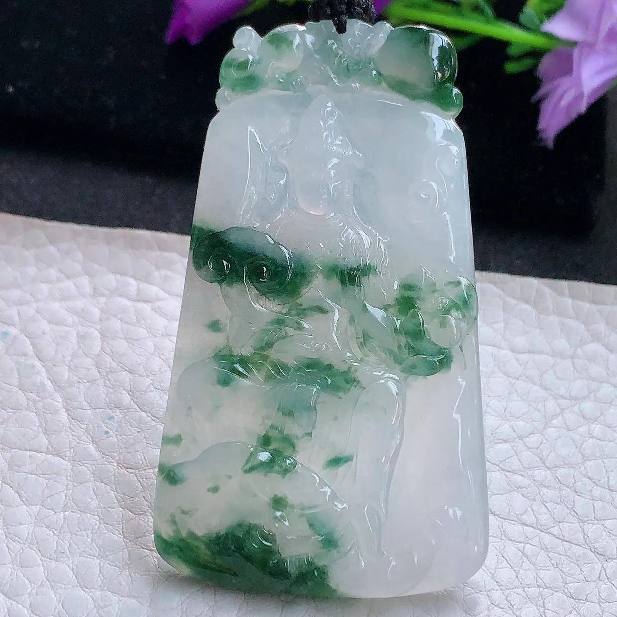 yl实拍63.5*36*5.2缅甸翡翠精雕冰飘花普贤观音菩萨吊坠 生肖守护神