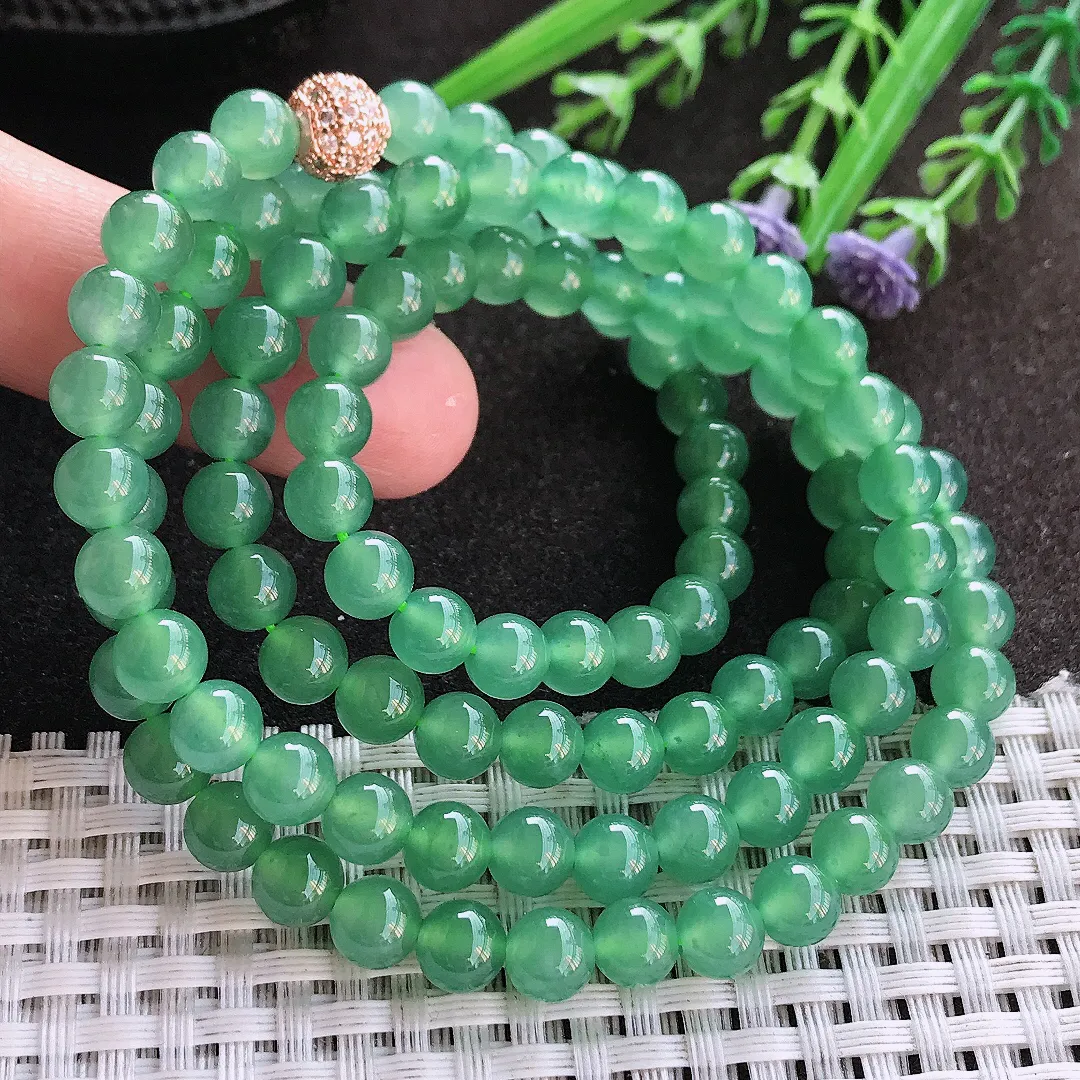 实拍A货翡翠6.5/108颗老坑冰胶水灵冰晴绿满绿圆珠项链珠链手串女款