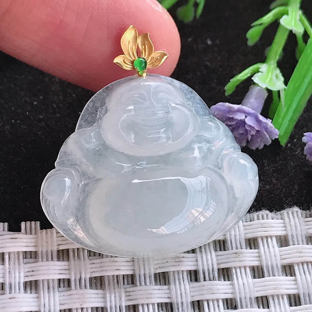 实拍A货翡翠21.5/25/5.9老坑18k金镶嵌冰种佛公吊坠翡翠玉佛