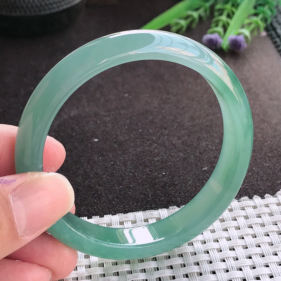 实拍翡翠A货57/11.7/7.2老坑冰胶果冻满色天空蓝手镯翡翠玉镯女款百搭