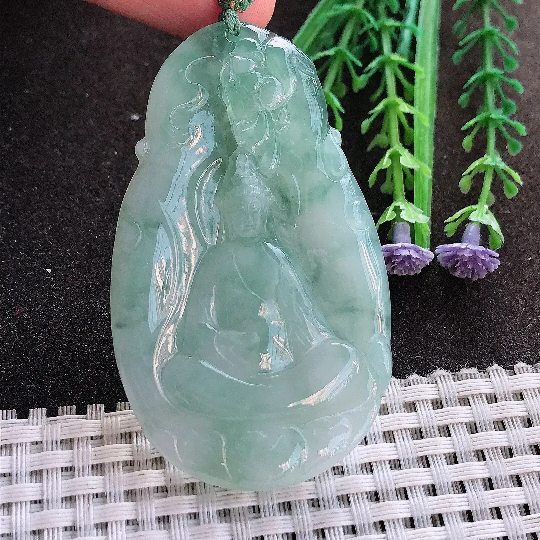 实拍A货翡翠64/39/5.5老坑冰胶果冻冰晴素衣观音吊坠翡翠玉观音挂件