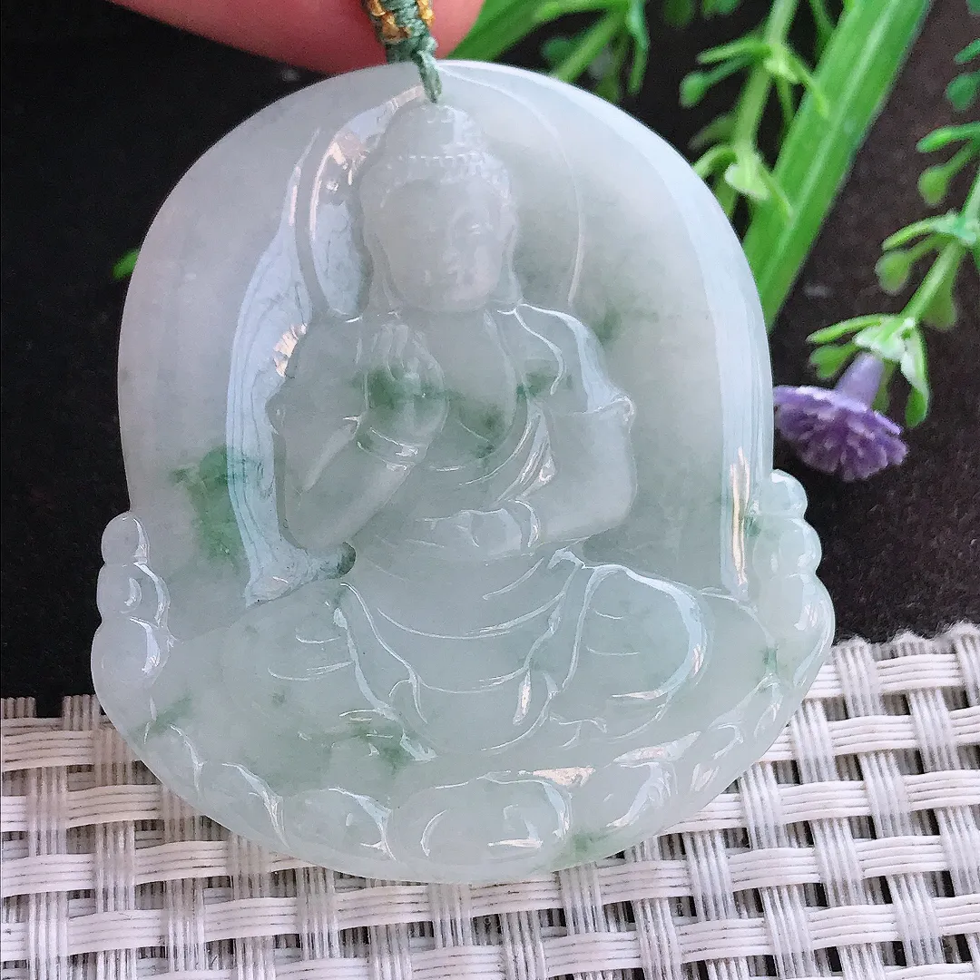 实拍A货翡翠51.6/46.3/5.8老坑冰润起胶飘花阿弥陀佛吊坠翡翠挂件