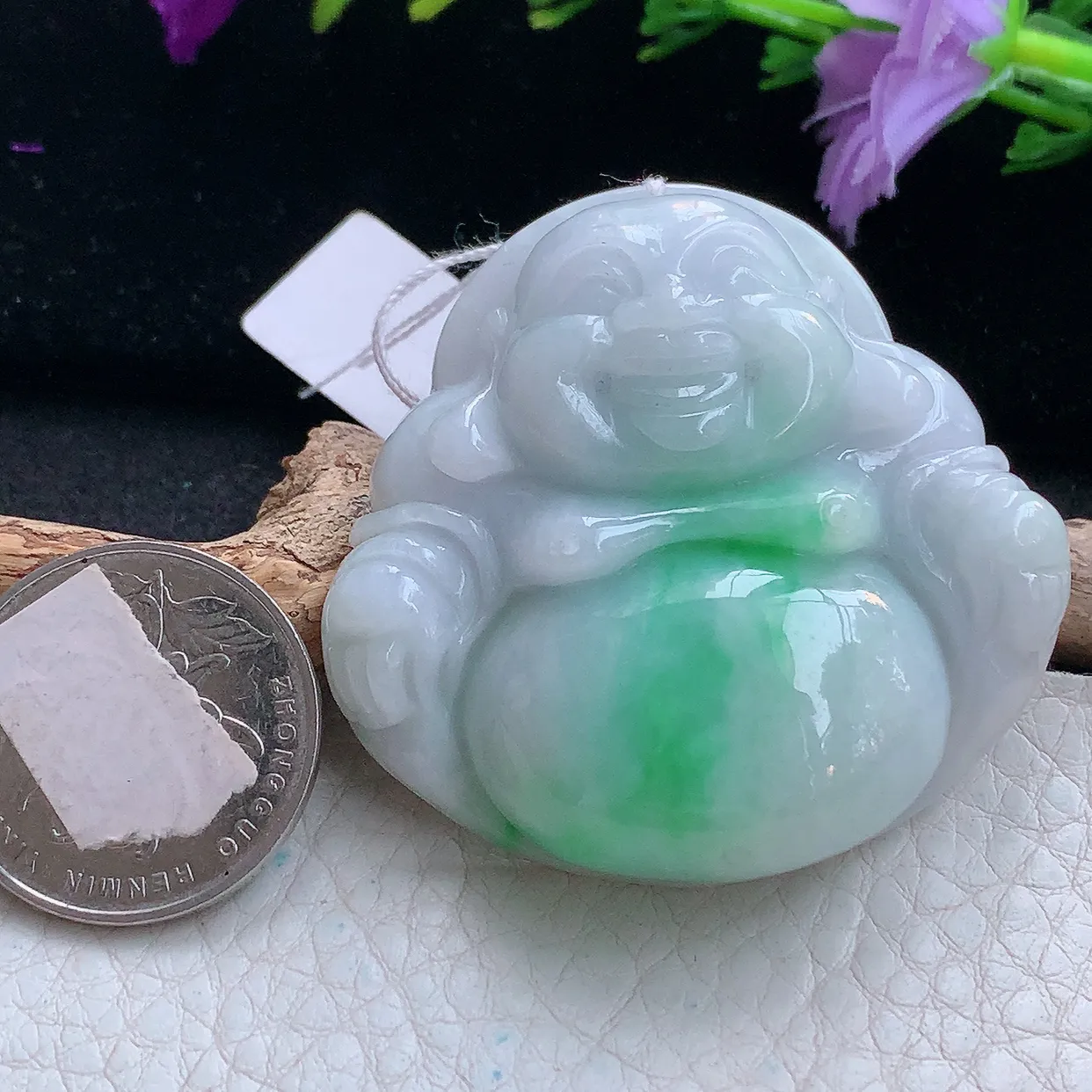 zen实拍41.2*46*12天然缅甸翡翠白底青飘绿大佛公吊坠 大肚弥勒佛像毛衣坠