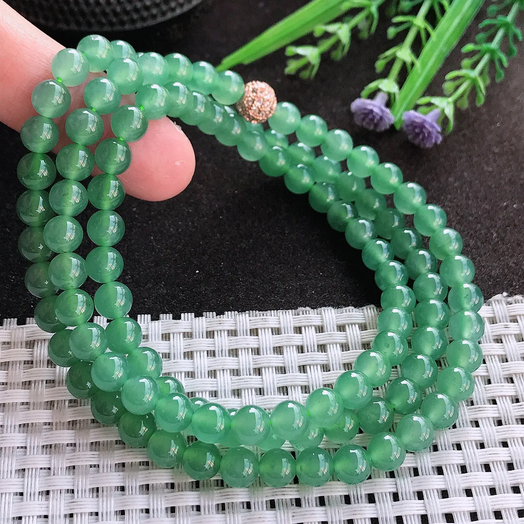 实拍A货翡翠6.5/108颗老坑冰胶水灵冰晴绿满绿圆珠项链珠链手串女款