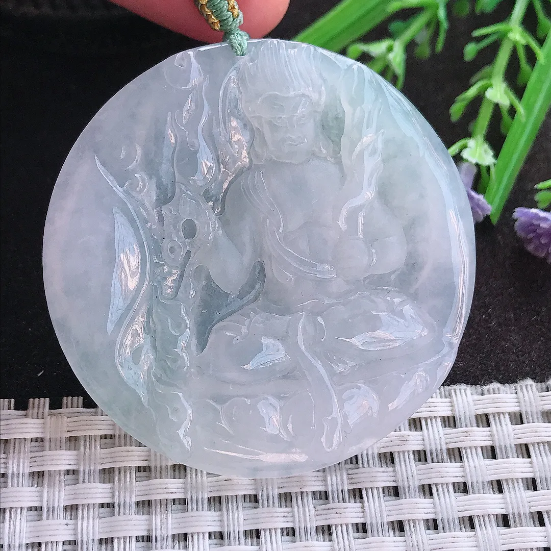 实拍A货翡翠50.9/5.2老坑冰透起胶白冰不动明王吊坠翡翠挂件