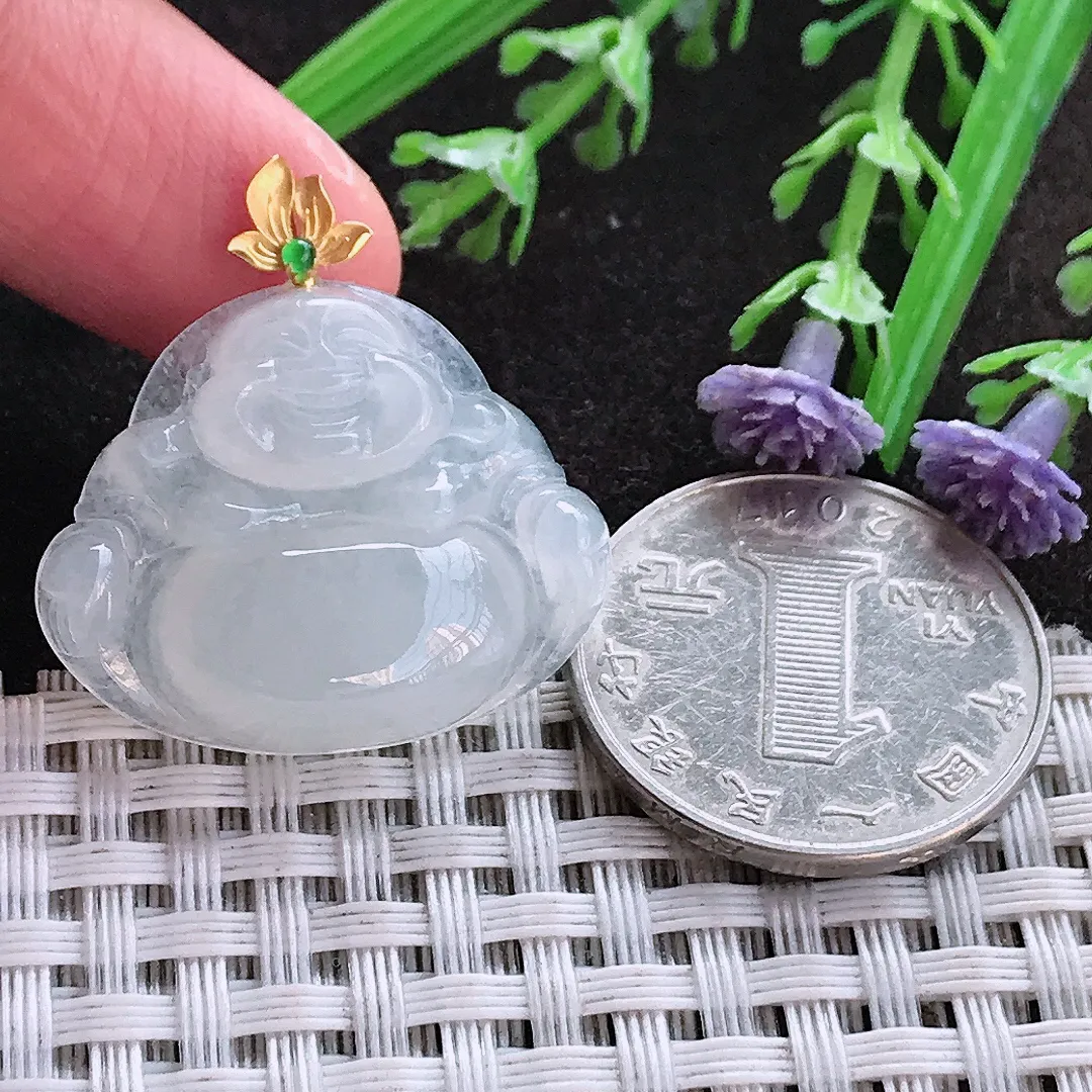 实拍A货翡翠21.5/25/5.9老坑18k金镶嵌冰种佛公吊坠翡翠玉佛