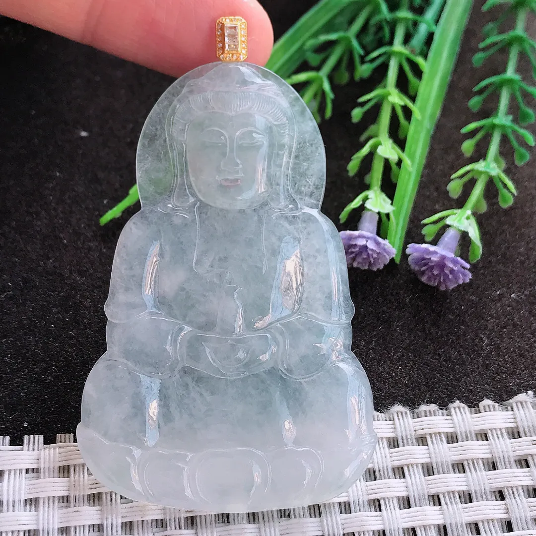 实拍A货翡翠59.5/39.8/4.2老坑18k金镶嵌白冰种观音吊坠翡翠挂件