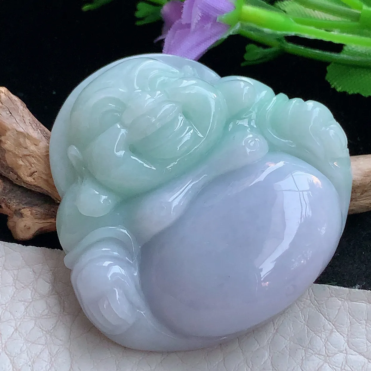 zen实拍48.6*50.5*13天然缅甸翡翠春彩大佛公吊坠 紫罗兰大肚弥勒佛像