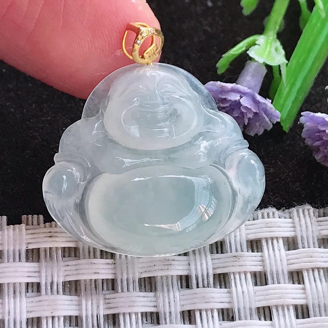 实拍A货翡翠24/29/6.3老坑18k金镶嵌白冰种佛公吊坠翡翠挂件