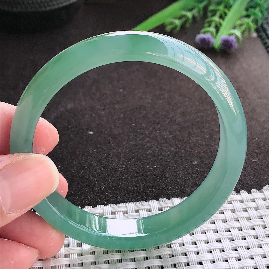 实拍翡翠A货57/11.7/7.2老坑冰胶果冻满色天空蓝手镯翡翠玉镯女款百搭