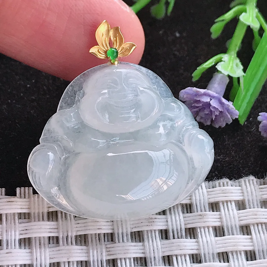 实拍A货翡翠21.5/25/5.9老坑18k金镶嵌冰种佛公吊坠翡翠玉佛