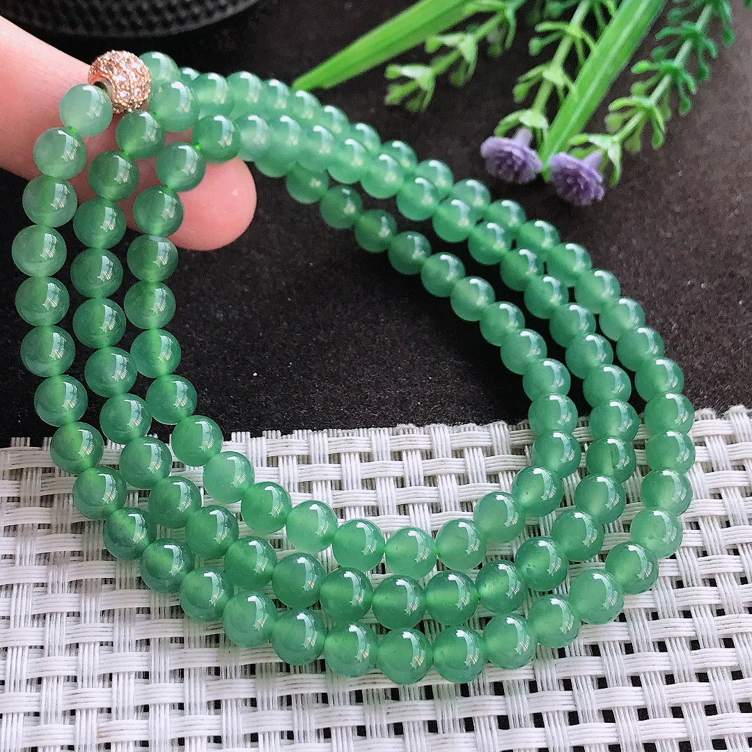 实拍A货翡翠6.5/108颗老坑冰胶水灵冰晴绿满绿圆珠项链珠链手串女款