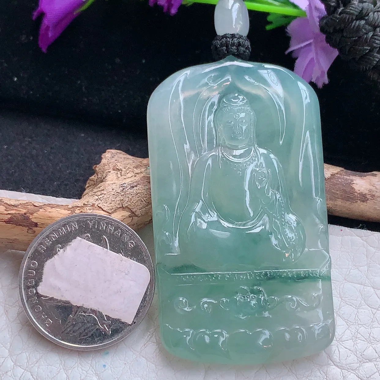 yl实拍57.5*33.3*5.6缅甸翡翠精雕冰飘花坐莲观音菩萨吊坠 普渡众生