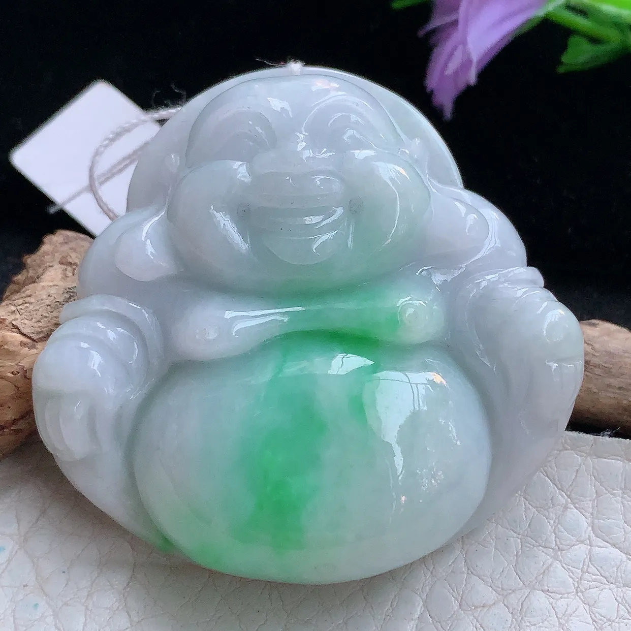 zen实拍41.2*46*12天然缅甸翡翠白底青飘绿大佛公吊坠 大肚弥勒佛像毛衣坠