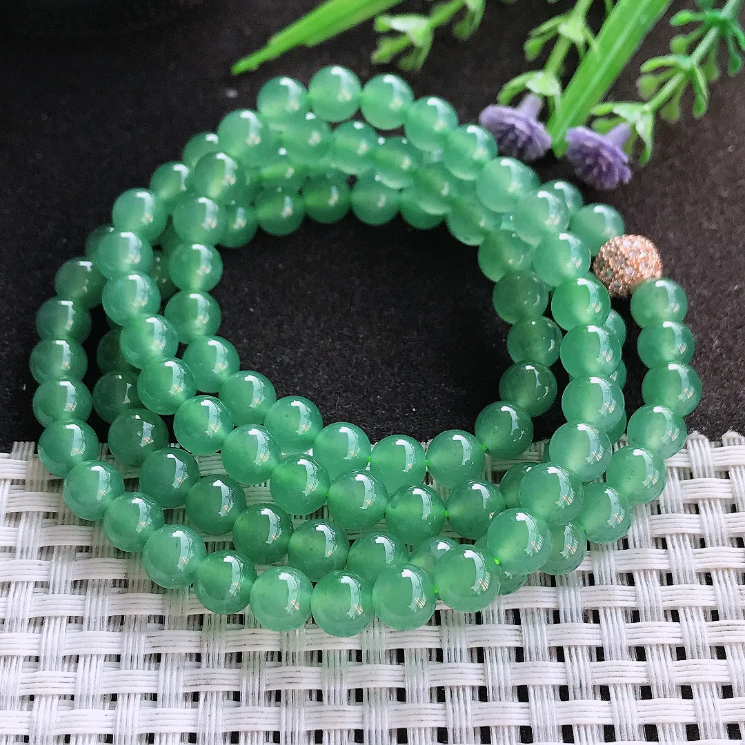 实拍A货翡翠6.5/108颗老坑冰胶水灵冰晴绿满绿圆珠项链珠链手串女款