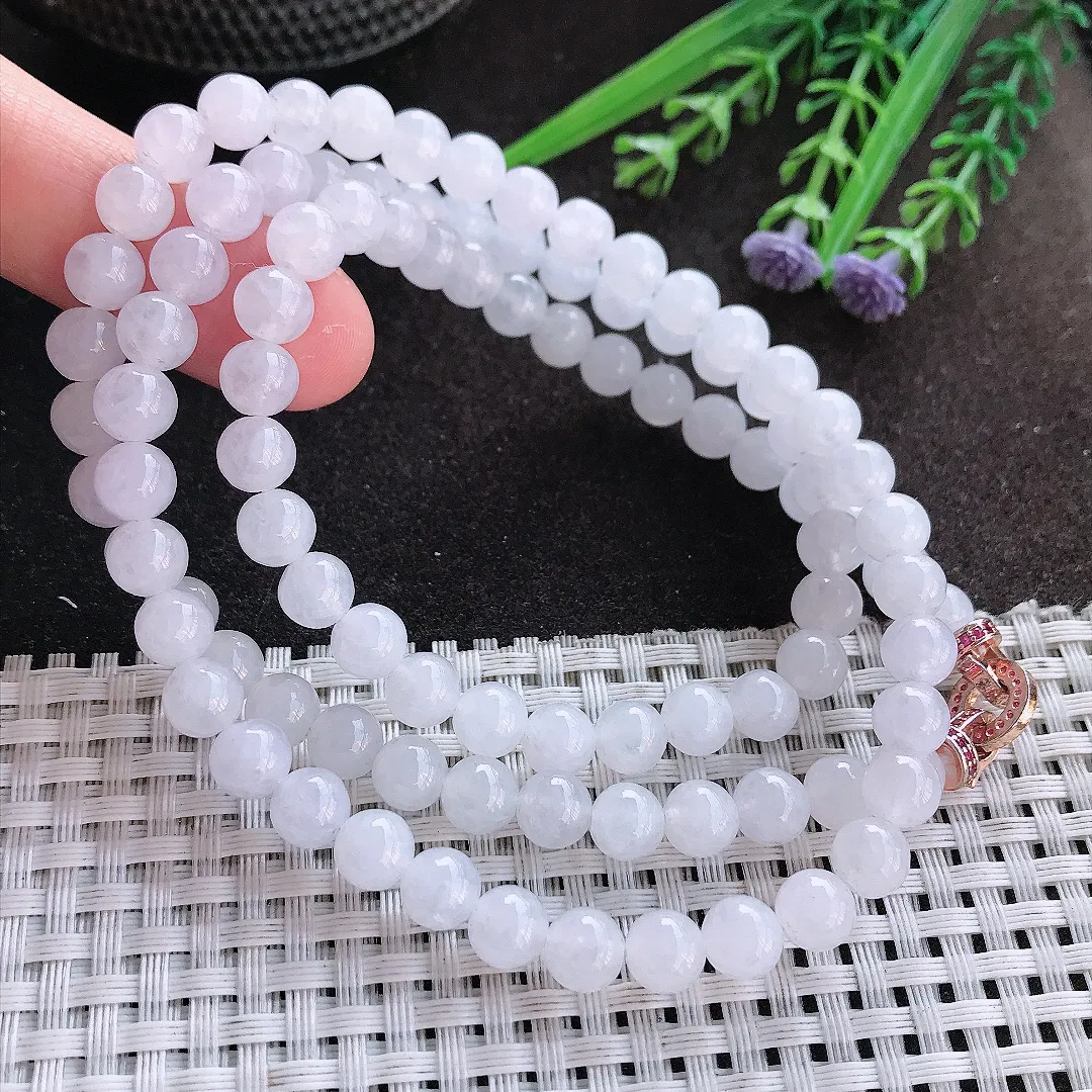 实拍A货翡翠7/98颗老坑秀气冰润月光白圆珠项链玉珠链女款