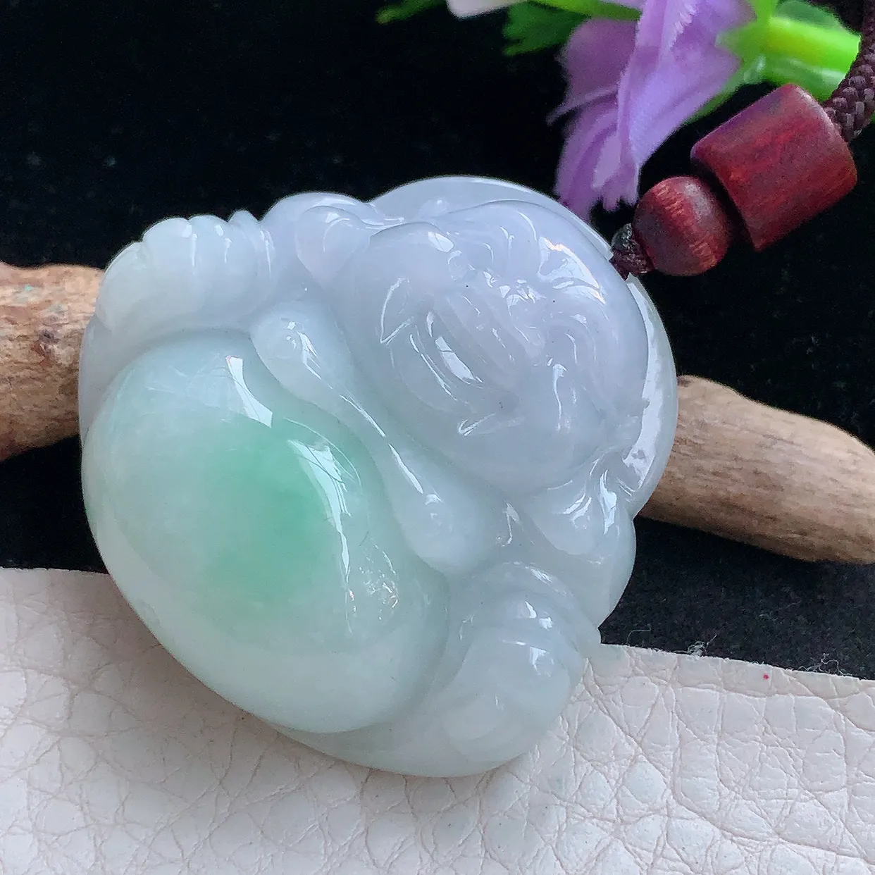 zen实拍38.2*40.3*12.8天然缅甸翡翠飘绿淡紫佛公吊坠 大肚弥勒佛像