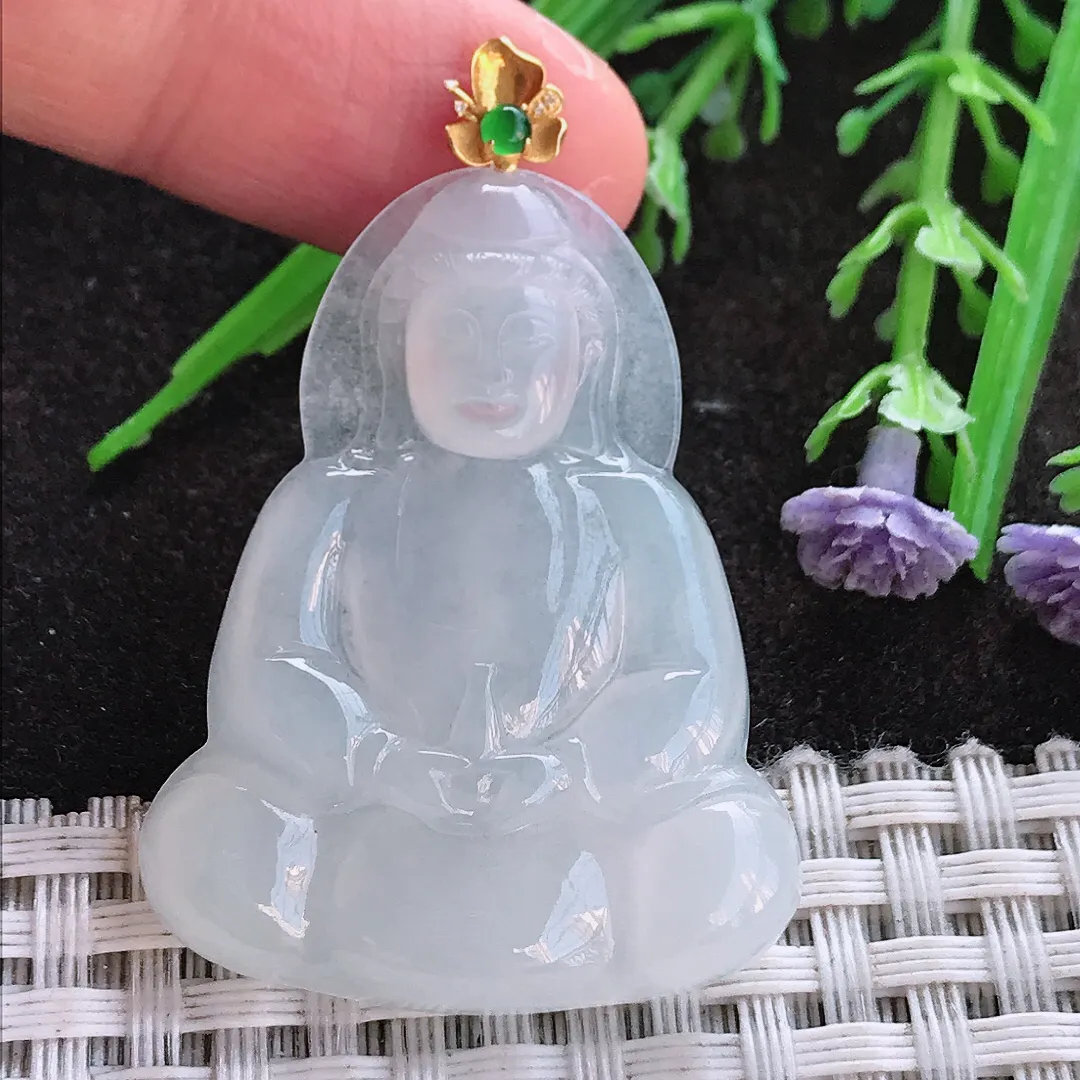 实拍A货翡翠40/31.6/4.6老坑18k金镶嵌冰胶月光白素衣观音吊坠翡翠挂件